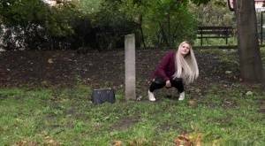 Dirty blonde female can't hold her pee any longer and pisses in public park on justmyfans.pics